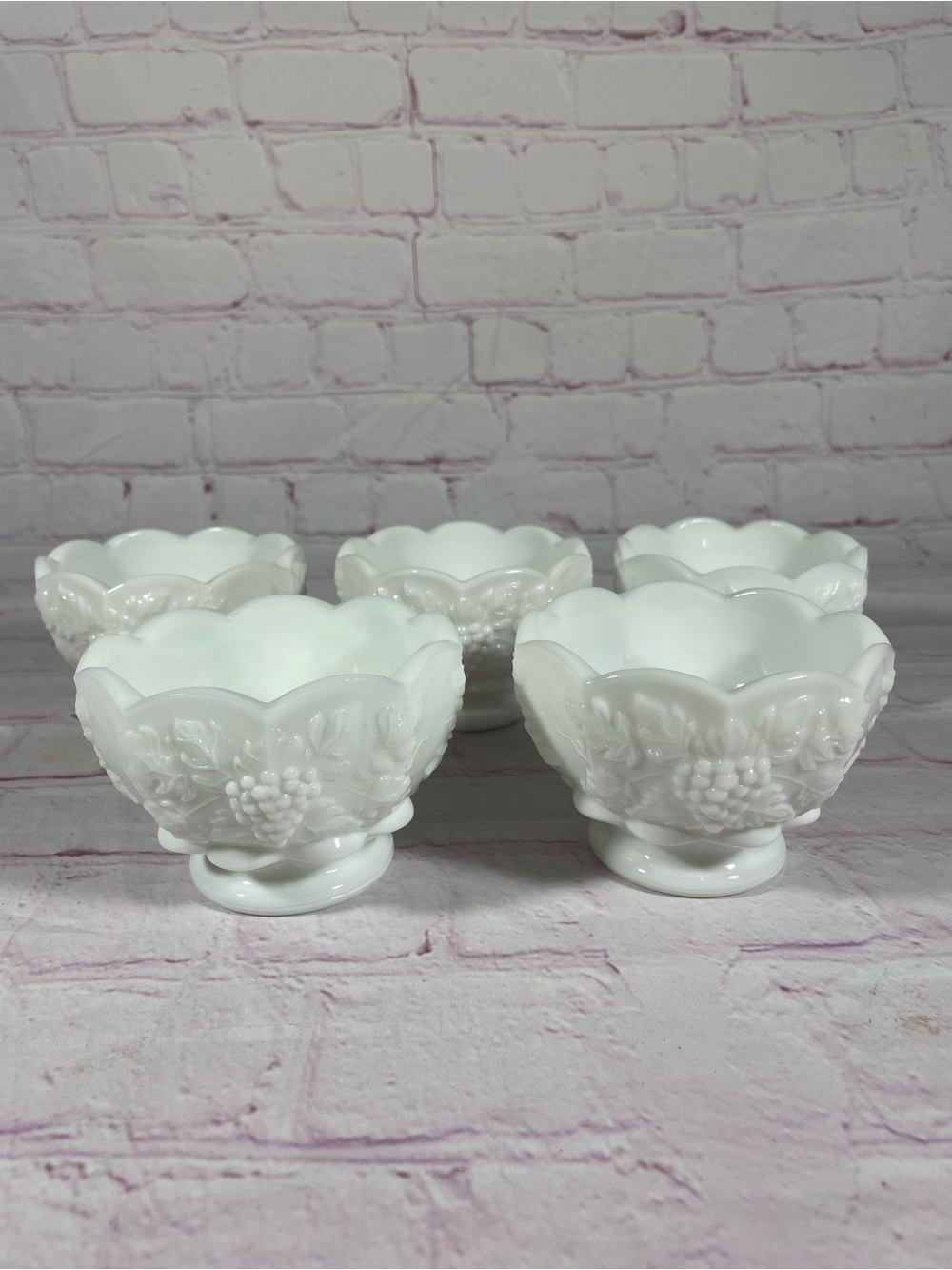 Vintage Westmoreland White Milk Glass Paneled Grape Footed Dessert Bowls